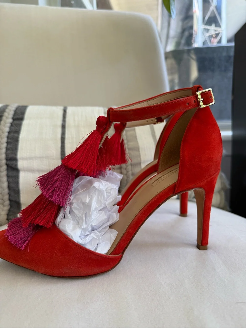 ANTONIO MELANI Red Suede Pointed Tassel Ankle-Strap Heels